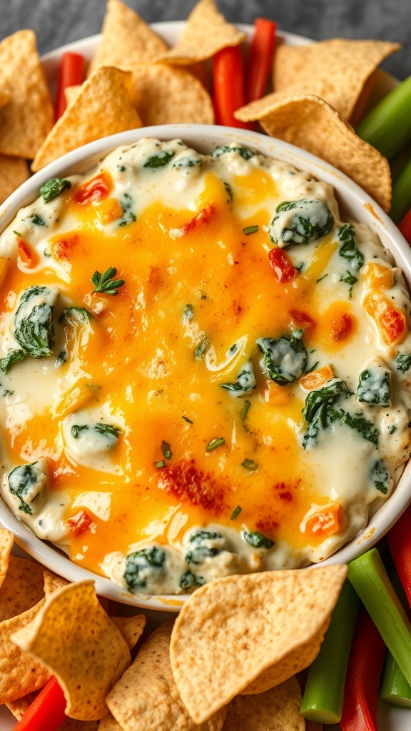 Creamy spinach and cheese dip in a baking dish, surrounded by tortilla chips and vegetable sticks.